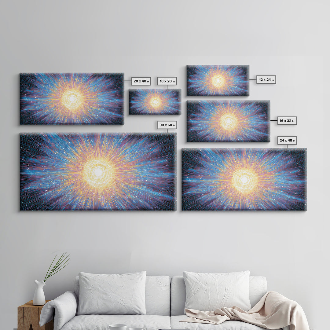 Electric Solar Burst With Rainbow Lines Canvas Print, Space Abstract Art, Modern Wall Art, Colorful Sci Fi Decor Gift Idea