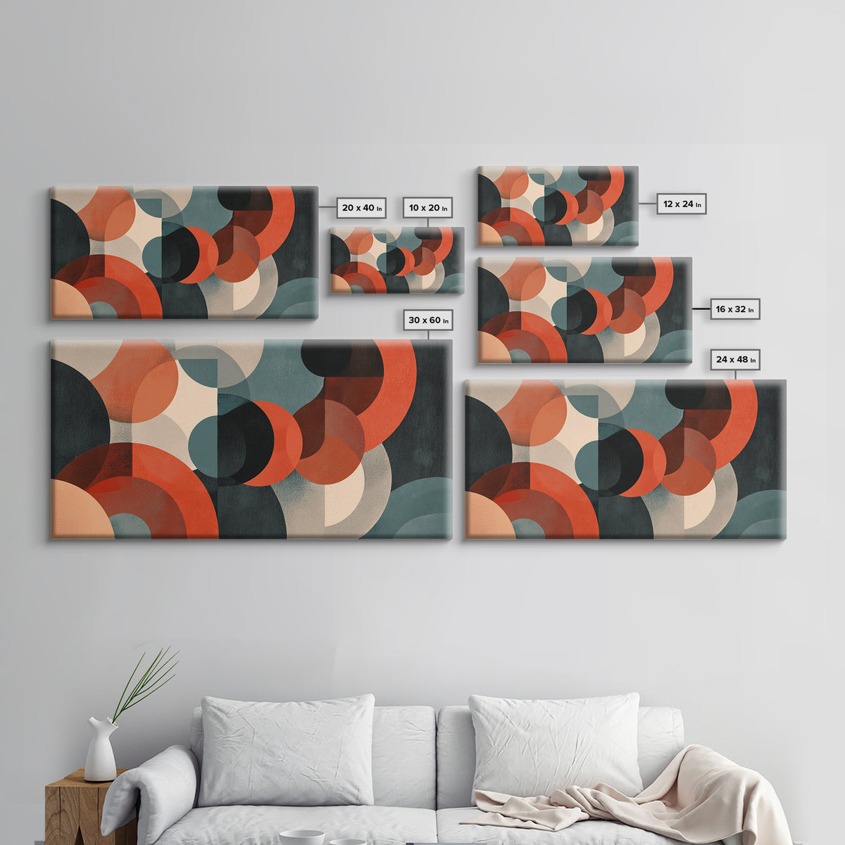 Rust Teal Cream Overlapping Circle Abstract Canvas Print, Midcentury Modern Wall Art, Retro Geometric Decor, Large MCM Poster