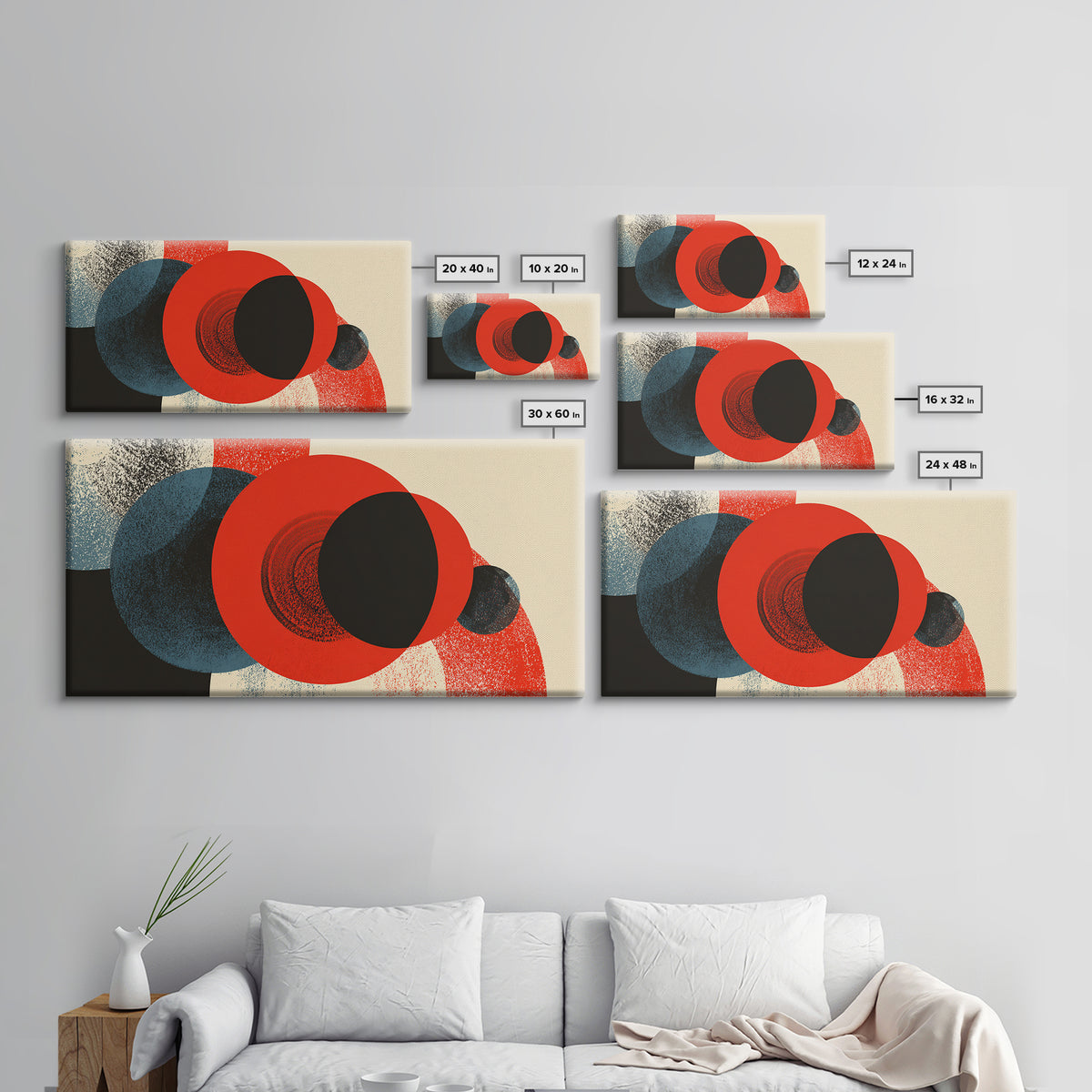 Bold Red Black And Blue Circle Collision Wall Art, Midcentury Modern Abstract Poster, Geometric MCM Decor, Large Canvas Print