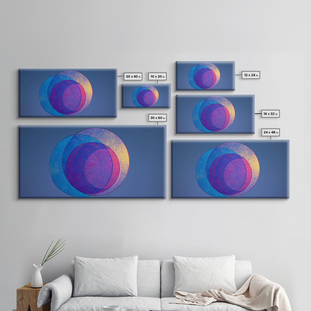 Blue Purple Transparent Planet Circles Canvas Print, Modern Abstract Wall Art, Midcentury Geometric Poster, Cool Bedroom Decor