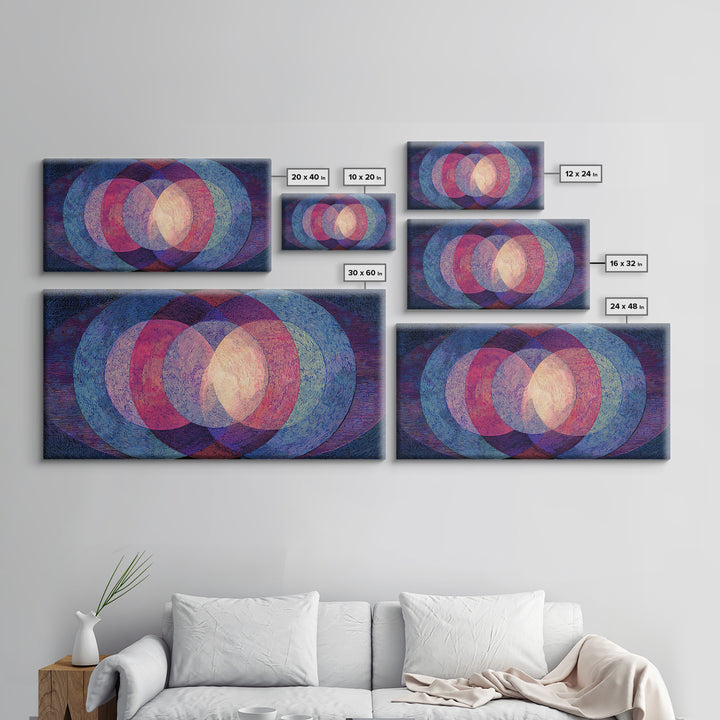 Textured Blue Pink Moire Oval Rings Wall Art, Midcentury Modern Abstract Art Print, Op Art Poster, Retro Geometric MCM Decor
