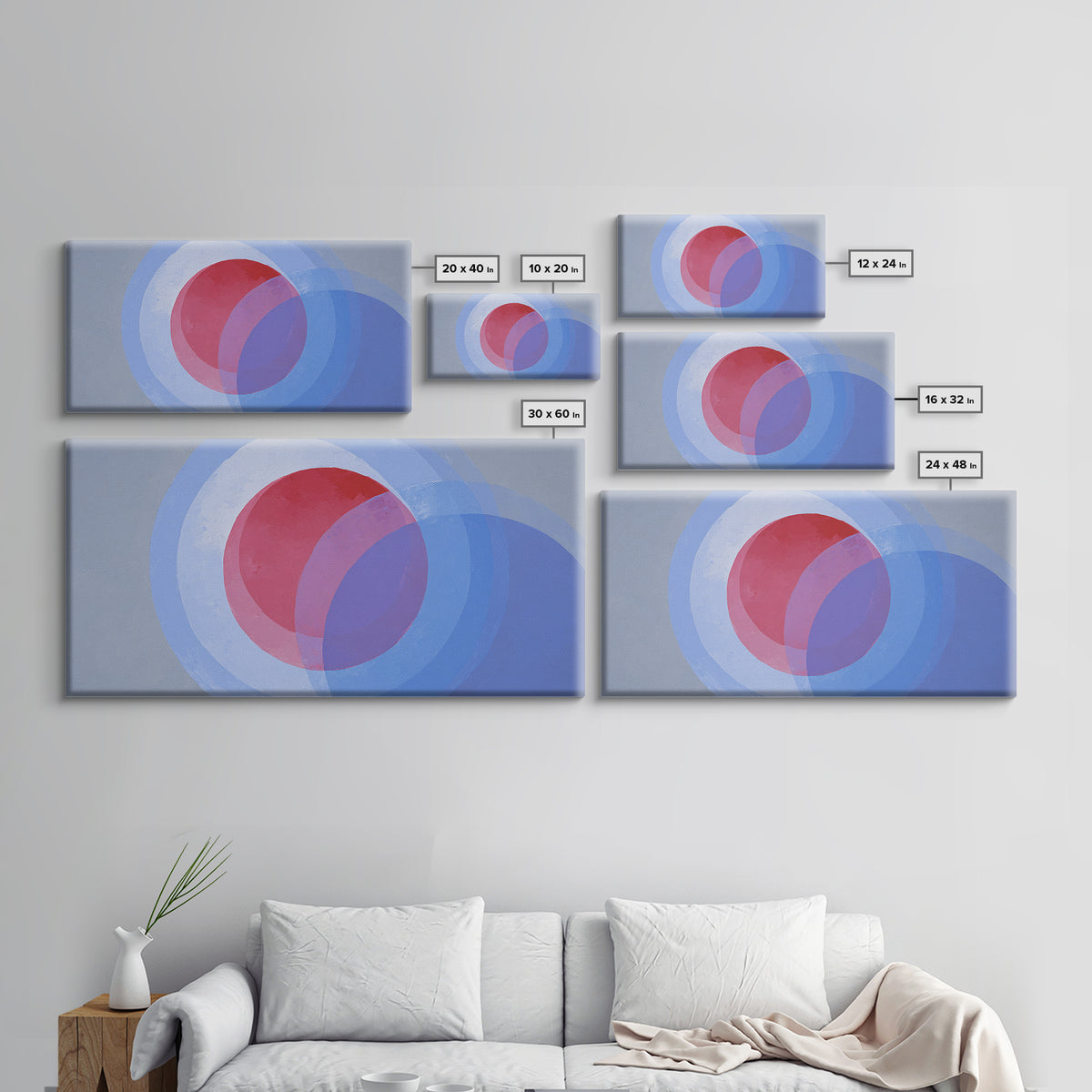 Soft Red Violet And Blue Concentric Circles Canvas Print, Modern Abstract Wall Art, Minimal Geometric Decor, Serene Bedroom Art