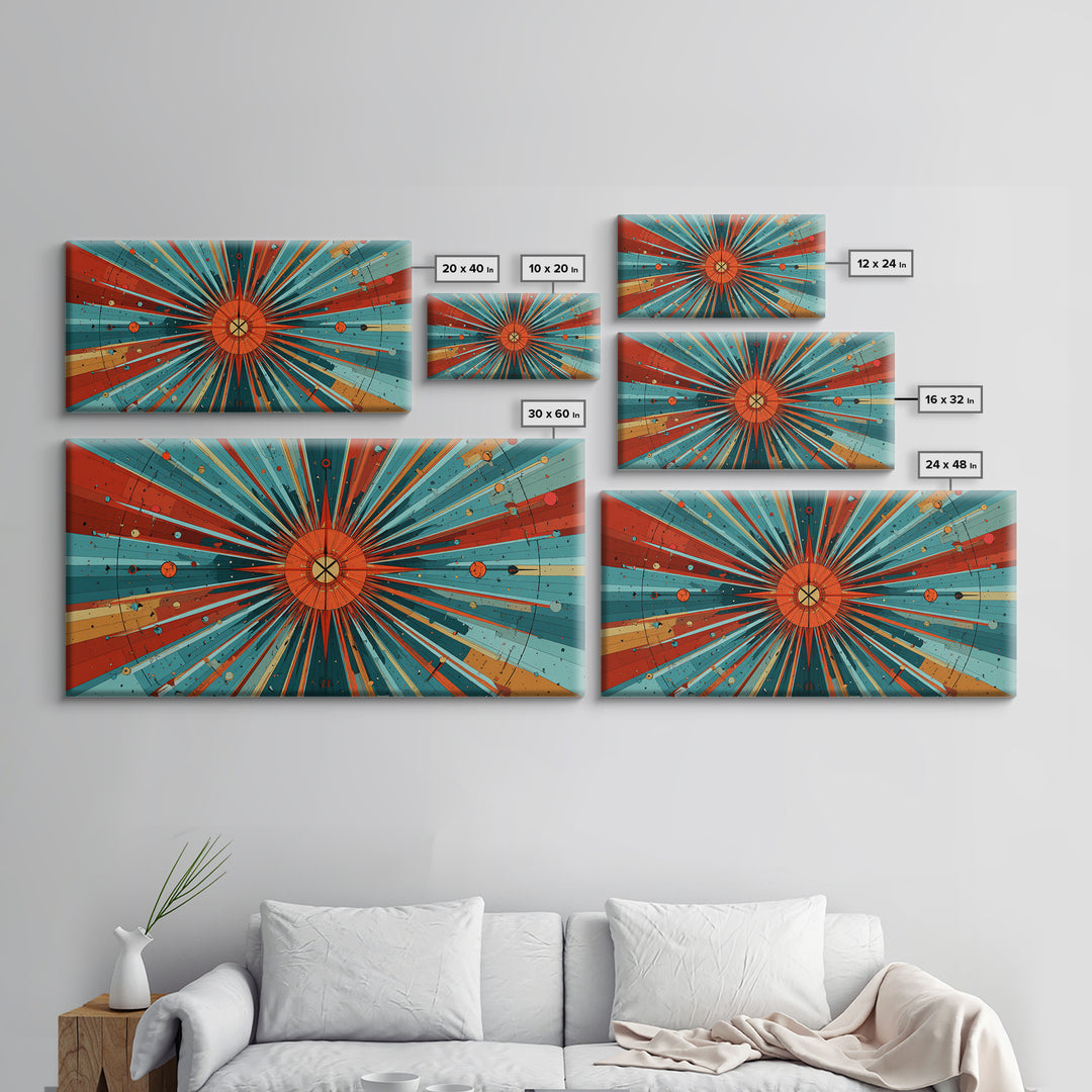 Orange Teal Cosmic Sunburst Canvas Print, Midcentury Modern Art, Retro Atomic Poster, Bold Geometric Wall Decor, 1950s Space Print