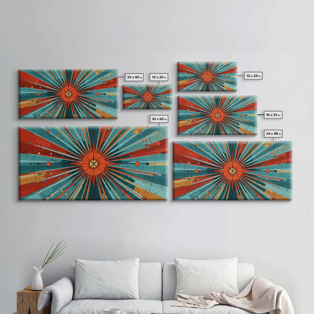 Orange Teal Cosmic Sunburst Canvas Print, Midcentury Modern Art, Retro Atomic Poster, Bold Geometric Wall Decor, 1950s Space Print