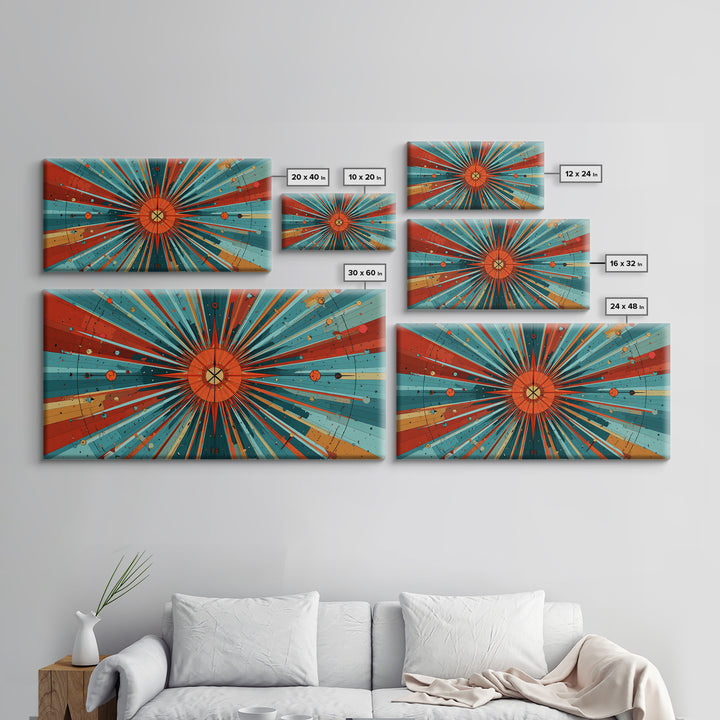 Orange Teal Cosmic Sunburst Canvas Print, Midcentury Modern Art, Retro Atomic Poster, Bold Geometric Wall Decor, 1950s Space Print