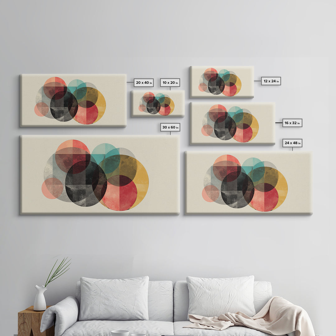 Neutral Black Red Yellow Circle Cluster Framed Canvas Print, Midcentury Modern Wall Art, Retro Geometric Poster, MCM Home Decor