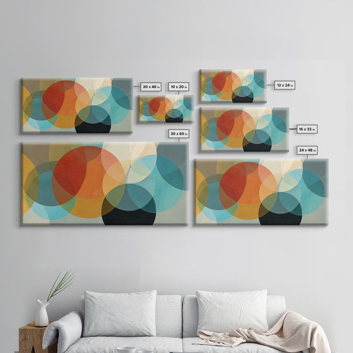 Overlapping Retro Circles Abstract In Teal Orange Mustard Wall Art, Mid Century Modern Print, Geometric MCM Living Room Decor