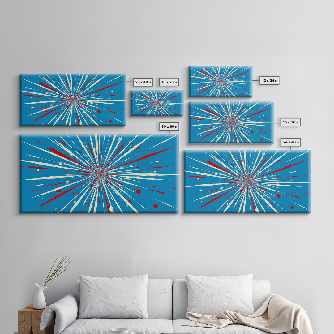 Blue Red Speed Burst Wall Art, Retro Sci Fi Star Lines, Modern Abstract Art Print, Bold Graphic Poster, Game Room Decor Gift