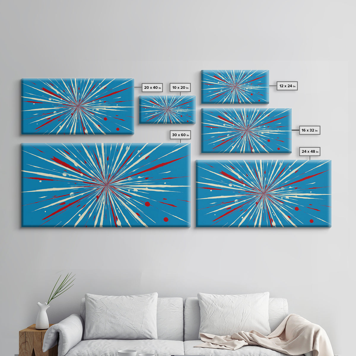 Blue Red Speed Burst Wall Art, Retro Sci Fi Star Lines, Modern Abstract Art Print, Bold Graphic Poster, Game Room Decor Gift