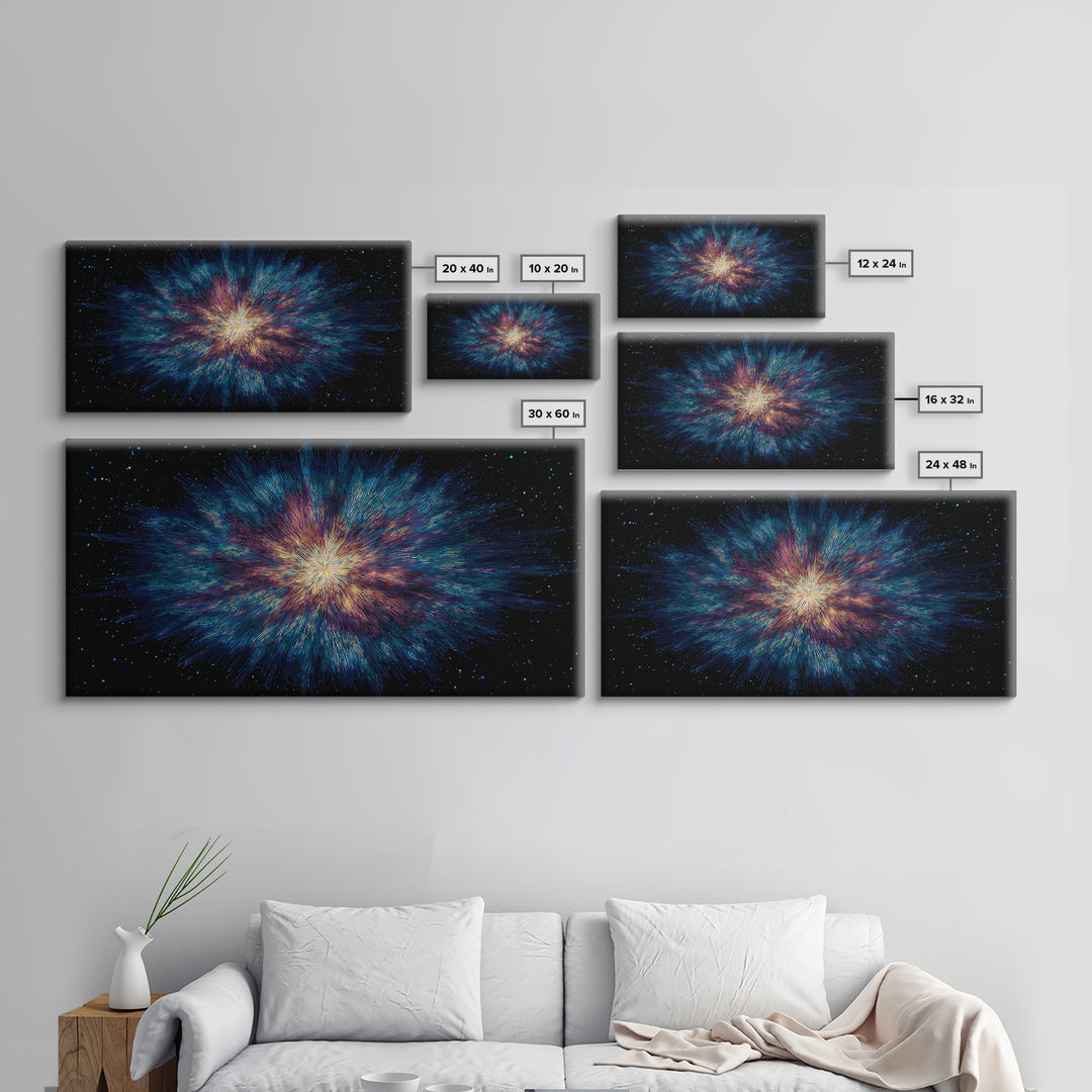 Luminous Nebula Starburst Framed Canvas Print, Cosmic Abstract Wall Art, Modern Galaxy Poster, Blue Purple Bedroom Decor