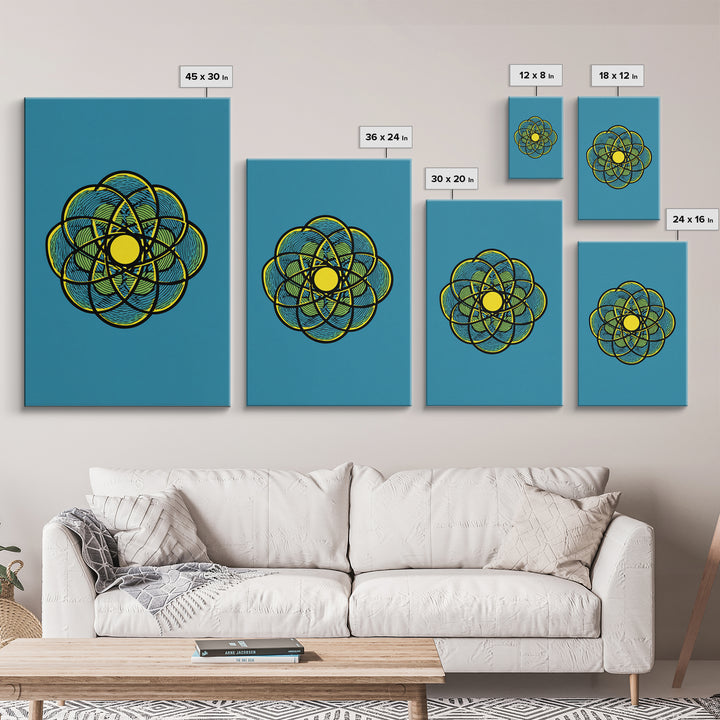 Colorful Atomic Flower Symbol On Blue Canvas Print, Midcentury Modern Wall Decor, Geometric Art Print, Retro Space Poster