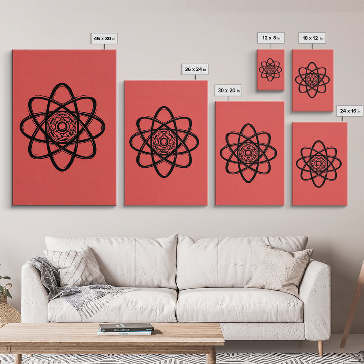 Black Atomic Symbol On Red Canvas Print, Midcentury Modern Wall Art, Retro Science Poster, Geometric MCM Home Decor, Atomic Art Print