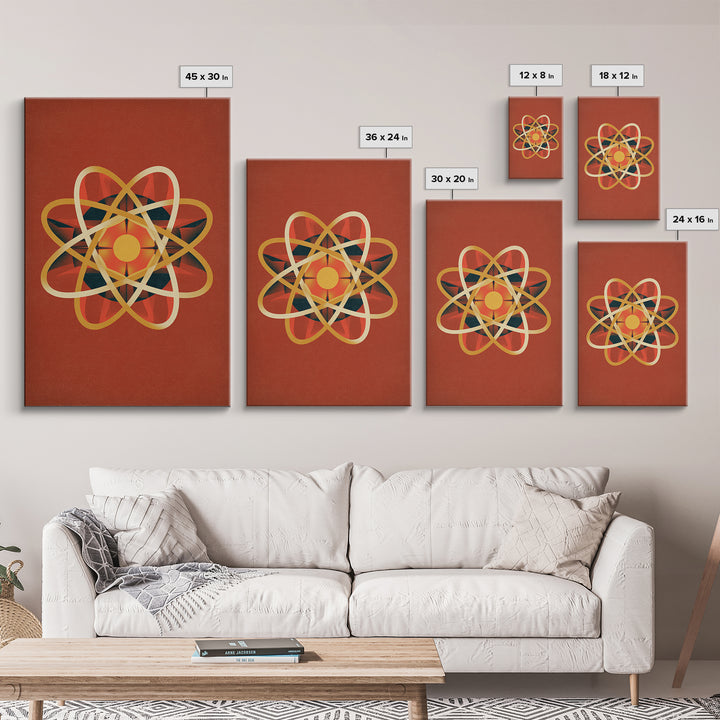 Glowing Golden Atomic Symbol Canvas Print, Midcentury Modern Wall Art, Retro Science Decor, Orange Geometric Abstract Poster