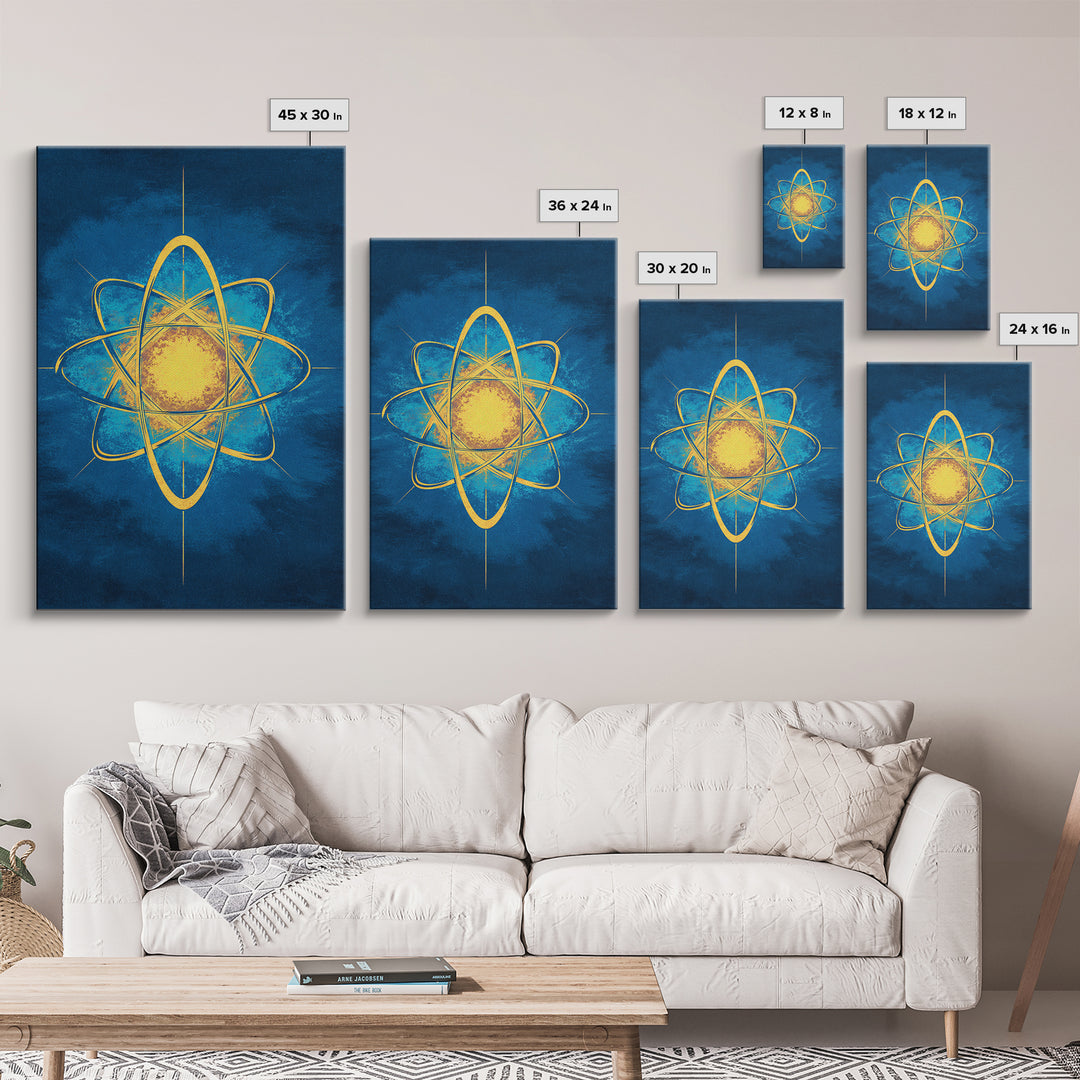 Glowing Yellow Atom On Blue Framed Canvas Print, Midcentury Modern Wall Art, Retro Science Poster, Geometric Space Decor