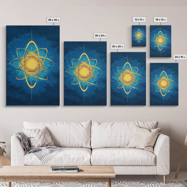 Glowing Yellow Atom On Blue Framed Canvas Print, Midcentury Modern Wall Art, Retro Science Poster, Geometric Space Decor