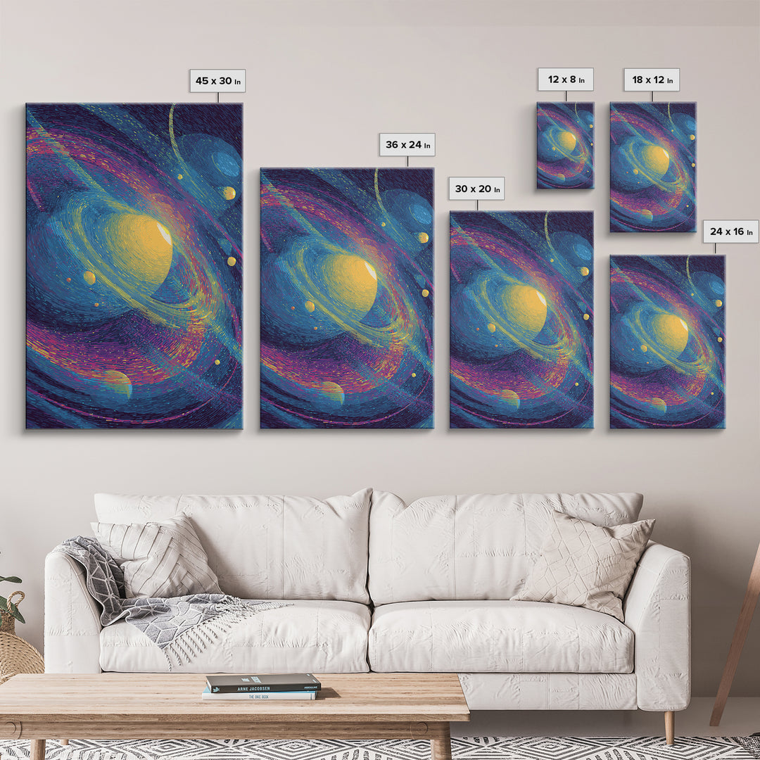 Vibrant Saturn Galaxy With Colorful Swirls Canvas Print, Cosmic Retro Wall Decor, Modern Abstract Art, Space Poster Gift