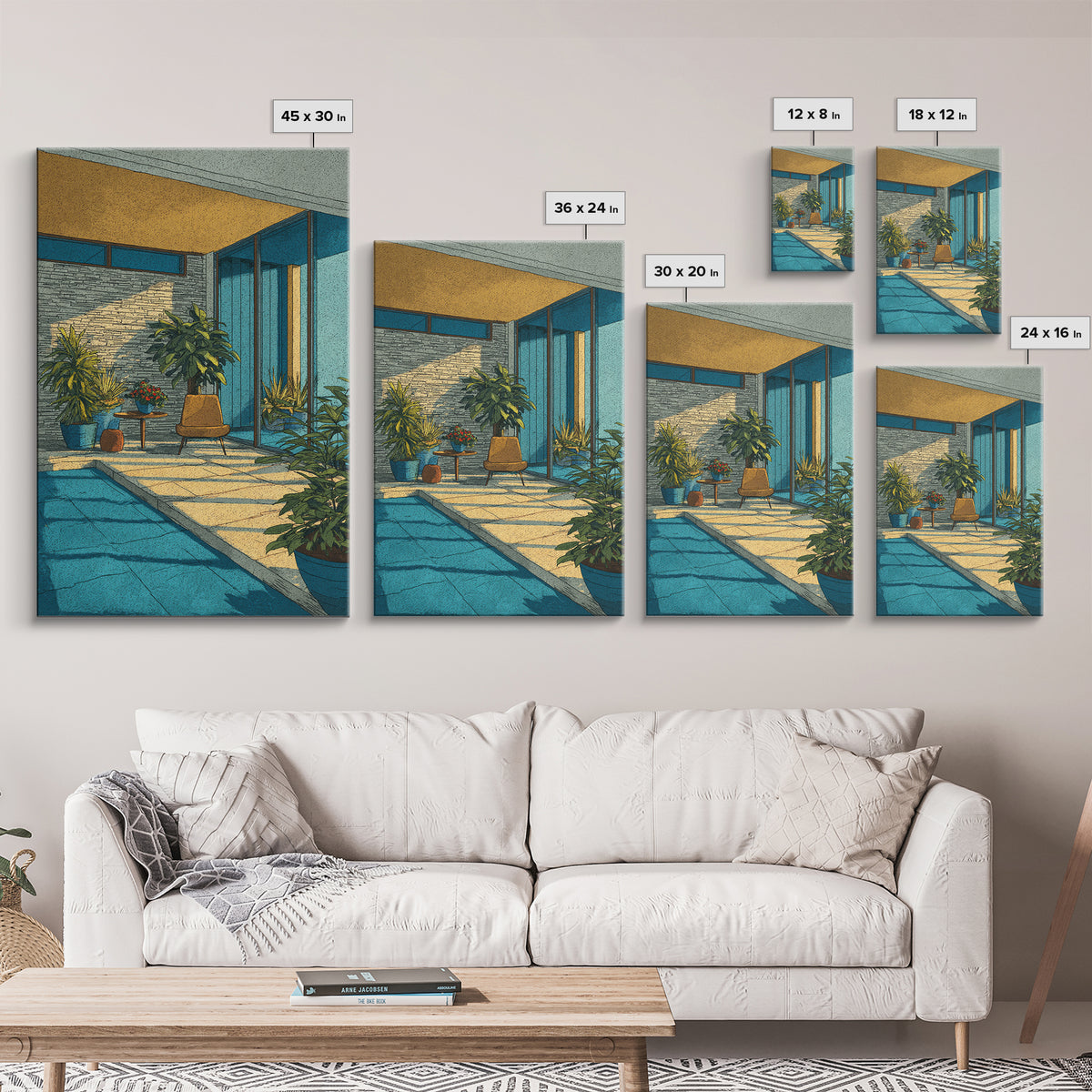 Sunlit Mid Century Patio Pool Framed Canvas Print, Modern Architecture Wall Art, Palm Springs Decor, MCM Home Office Decor