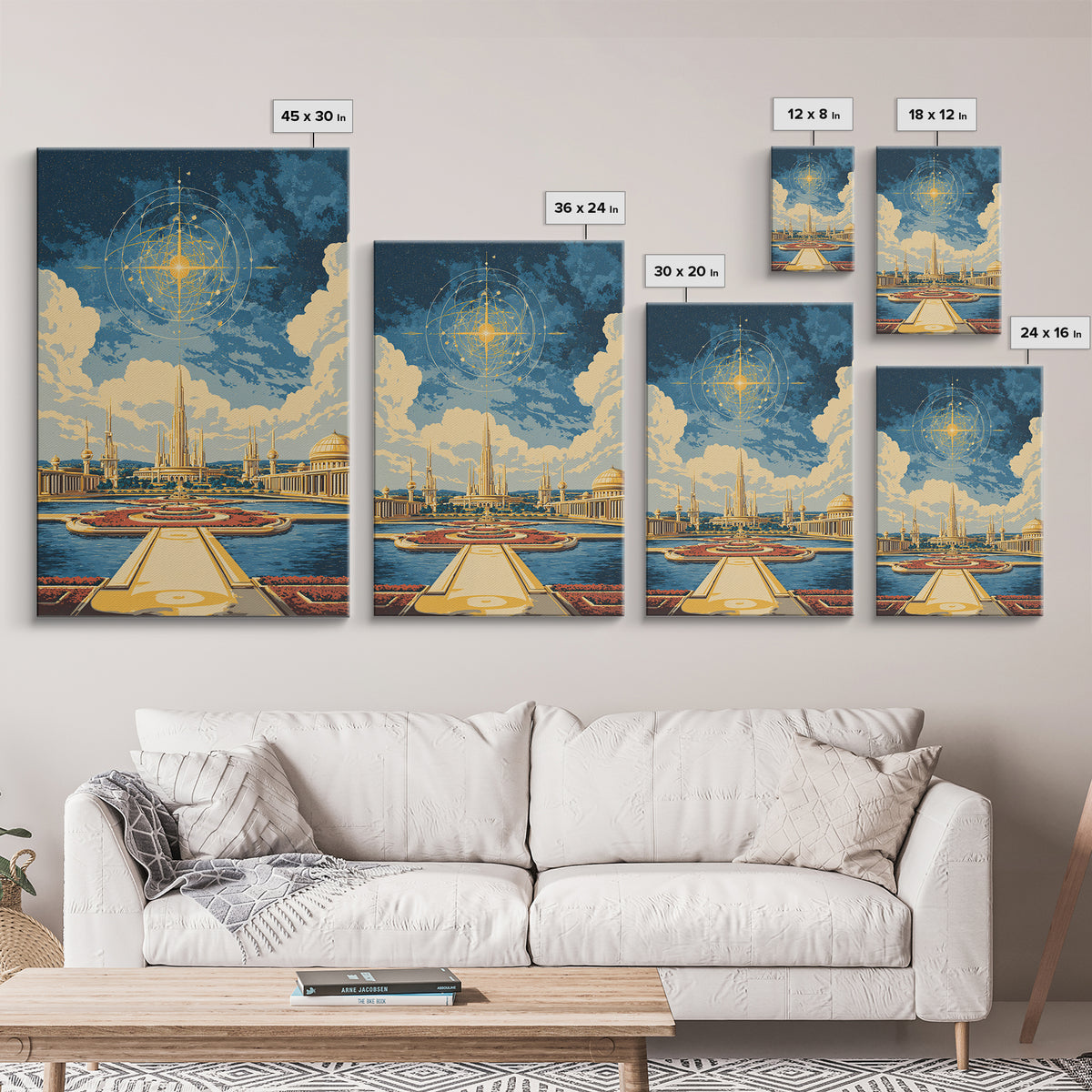 Golden Celestial Palace And Star Map Wall Art, Mid Century Modern Sci Fi Poster, Futuristic City Decor, Cosmic Canvas Print