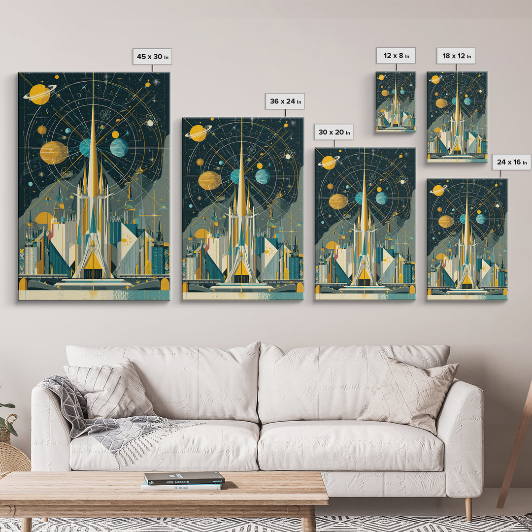 Atomic Rocket Spire Space Age City Canvas Print, Mid Century Modern Wall Art, Futuristic Planet Poster, Geometric MCM Decor