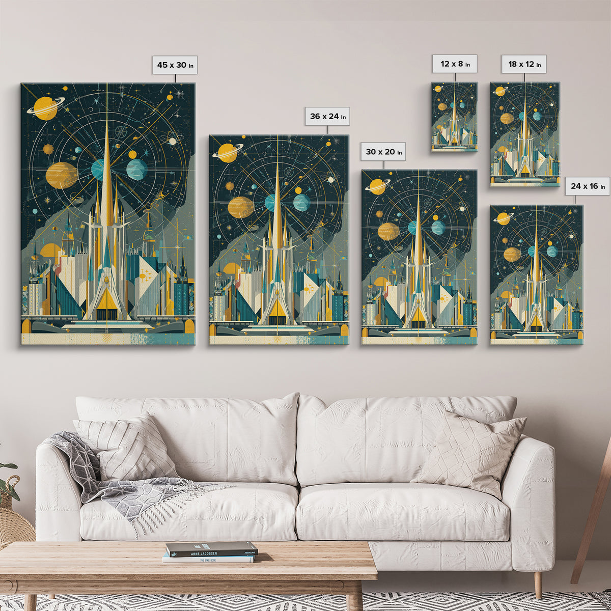Atomic Rocket Spire Space Age City Canvas Print, Mid Century Modern Wall Art, Futuristic Planet Poster, Geometric MCM Decor