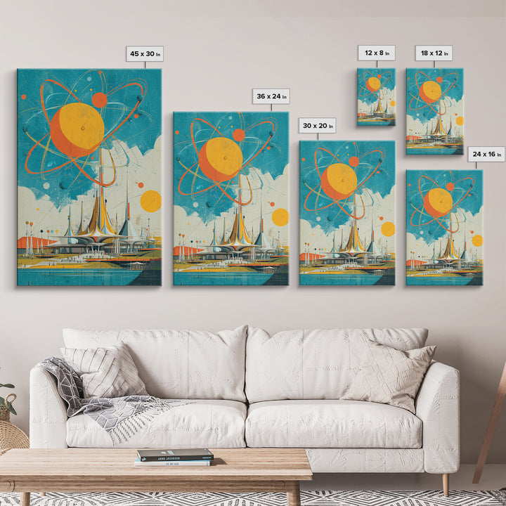 Giant Atomic Sun Over Futuristic City Wall Art, Mid Century Modern Canvas Print, Retro Space Age Poster, Turquoise Decor