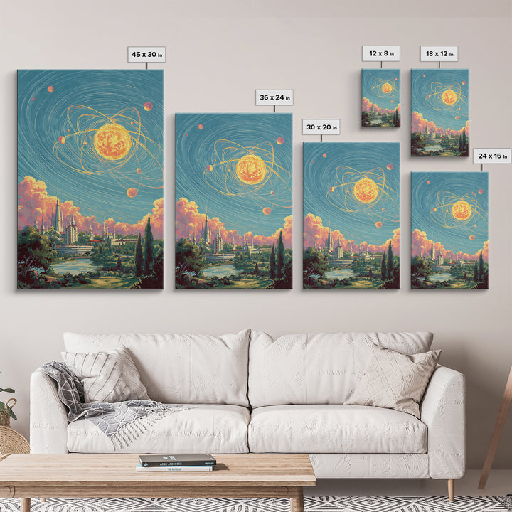 Glowing Atomic Sun Over Retro Future City Canvas Print, Mid Century Modern Wall Art, Cosmic Space Poster, Scenic MCM Decor