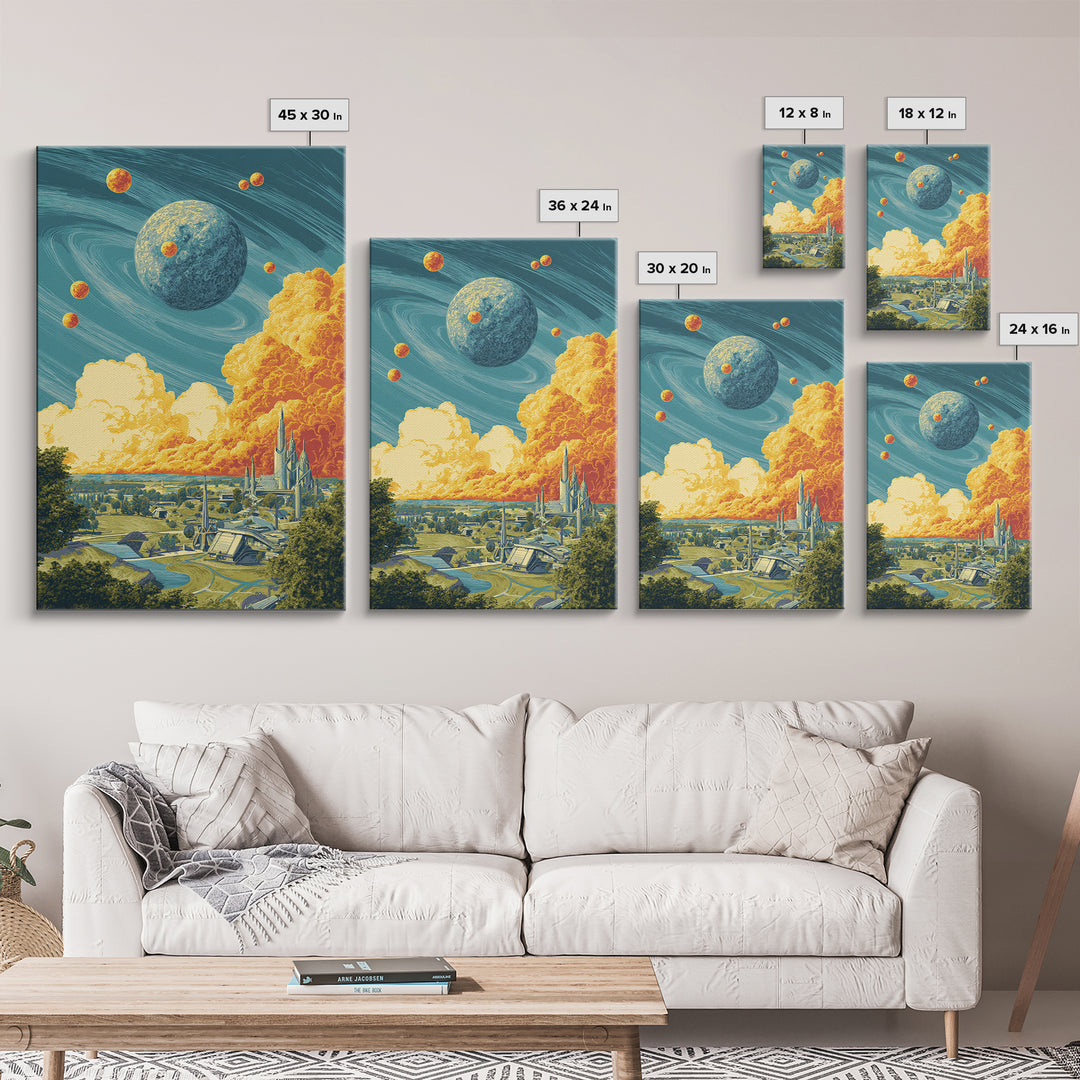 Retro Futuristic Planet City Wall Art, Sci Fi Space Landscape, Midcentury Modern Poster, Atomic MCM Decor, Blue Orange Print