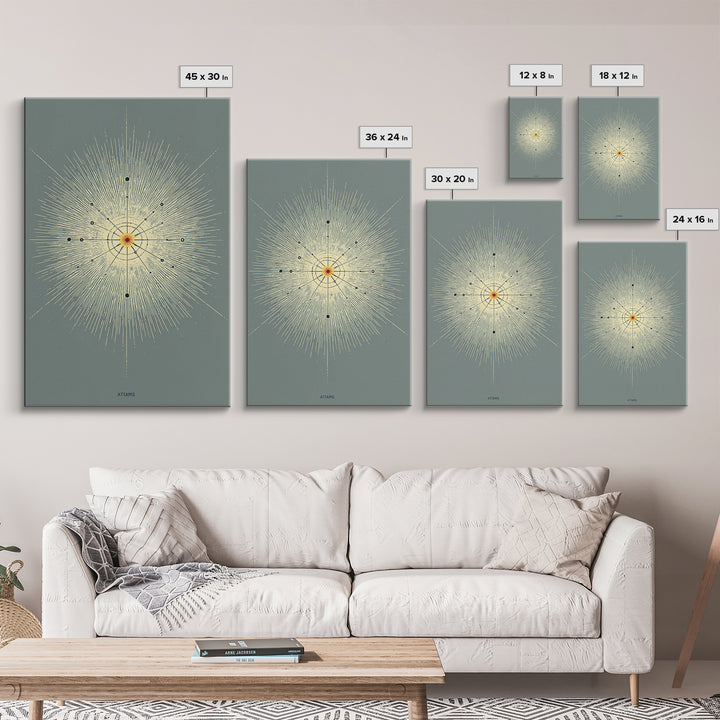 Atomic Starburst Diagram Wall Art, Midcentury Modern Abstract Sun Poster, Sage Green Geometric MCM Decor, Minimalist Print