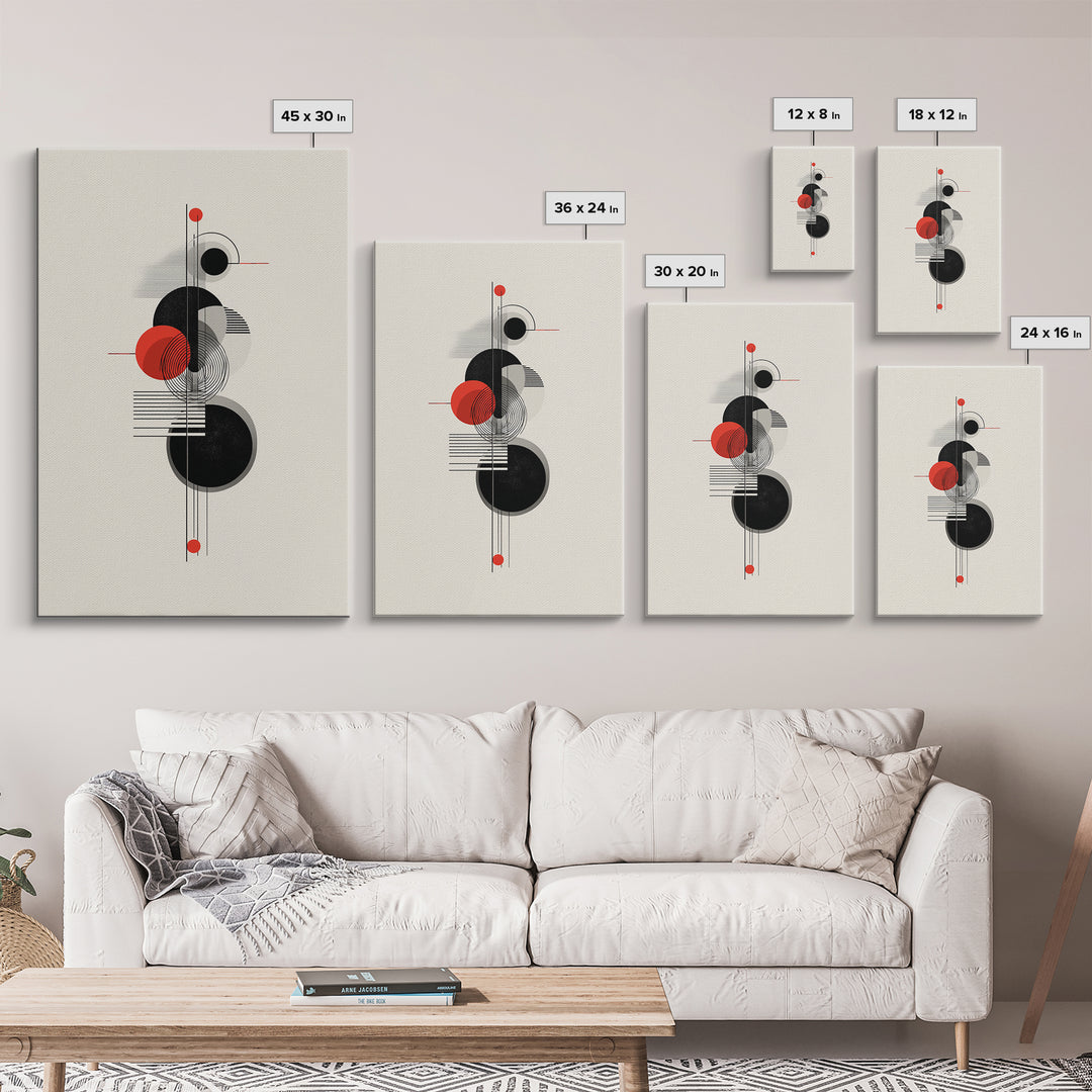 Red Black Bauhaus Circles Wall Art, Midcentury Modern Geometric Poster, Abstract MCM Decor, Minimalist Shape Art Print Gift