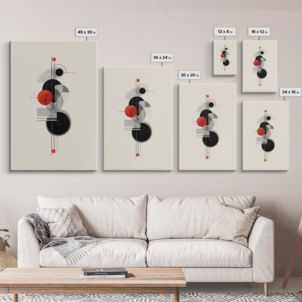Red Black Bauhaus Circles Wall Art, Midcentury Modern Geometric Poster, Abstract MCM Decor, Minimalist Shape Art Print Gift