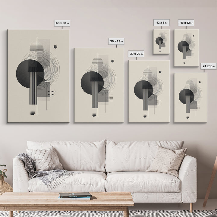 Black Gray Geometric Circle Wall Art, Modern Abstract Line Poster, Midcentury MCM Decor, Minimalist Bauhaus Art Print Gift