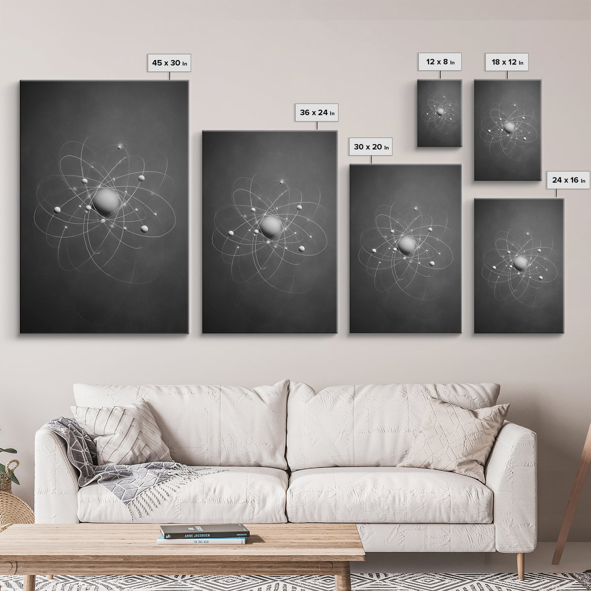 Monochrome Atom Model Framed Canvas Print, Gray Science Abstract Art, Modern Wall Decor, Mid Century Geometric Poster Print