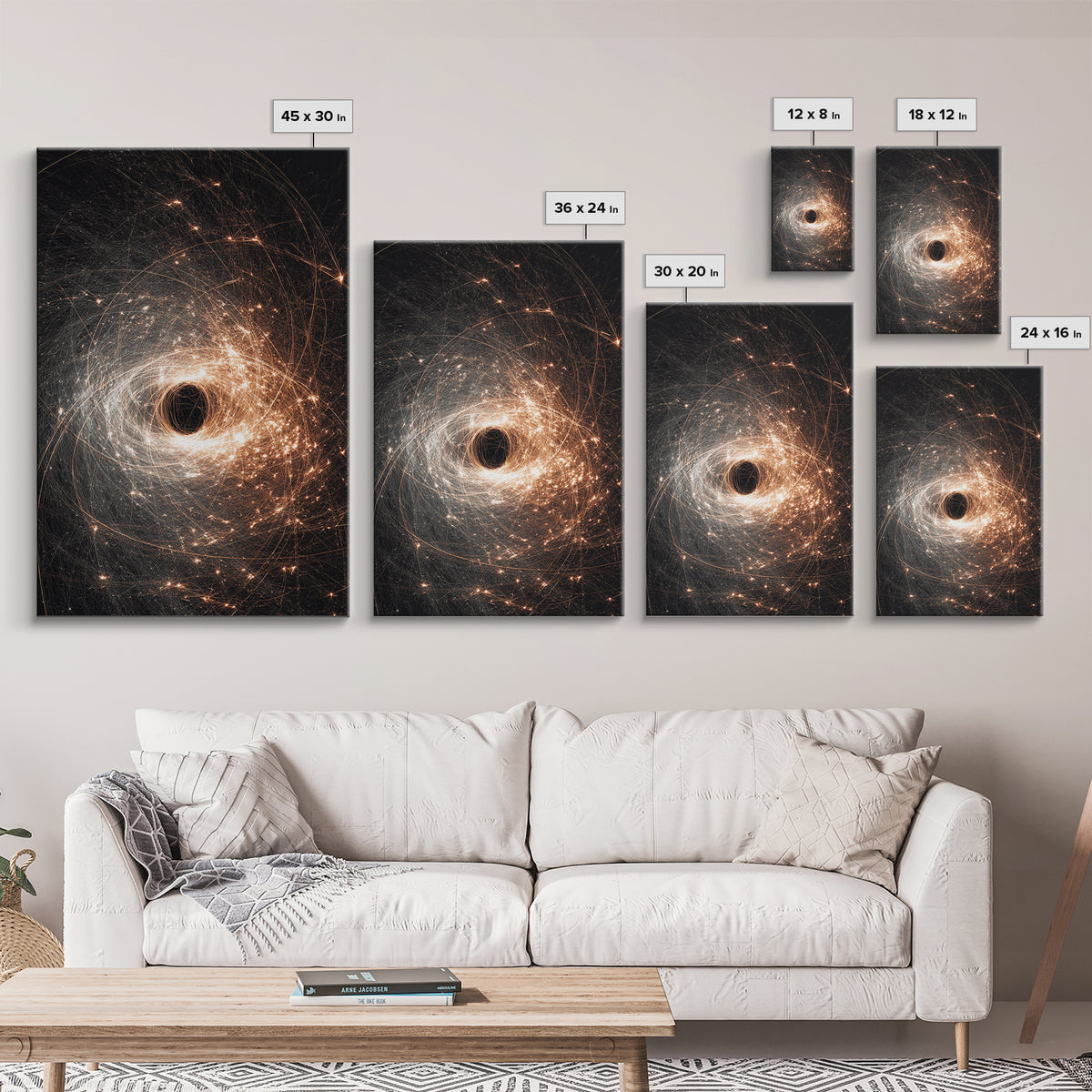 Black Hole Vortex With Golden Spark Orbits Canvas Print, Dark Space Wall Art, Modern Abstract Art, Sci Fi Poster Decor Gift