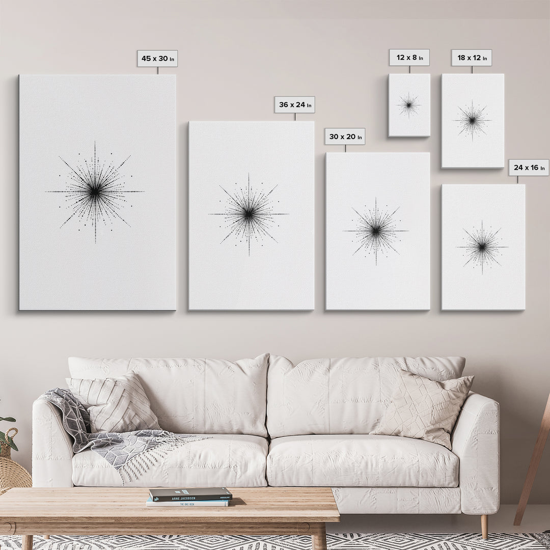 Dotted Cosmic Starburst Wall Art, Black And White Minimal Abstract, Modern Geometric Poster, Mid Century Office Decor Print