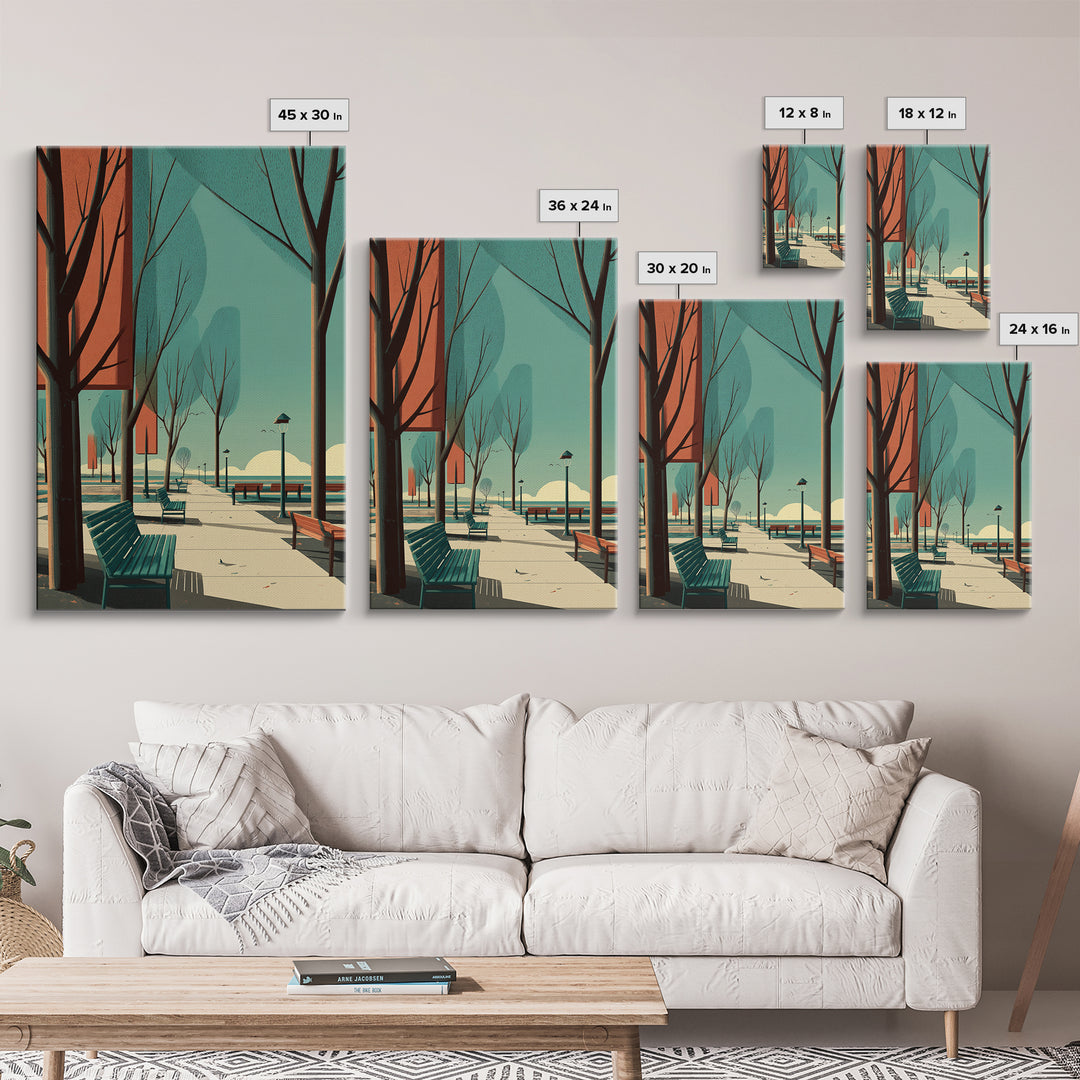 Teal Orange City Promenade Wall Art, Mid Century Modern Travel Poster, Architectural Park Print, Retro Urban Wall Decor Print