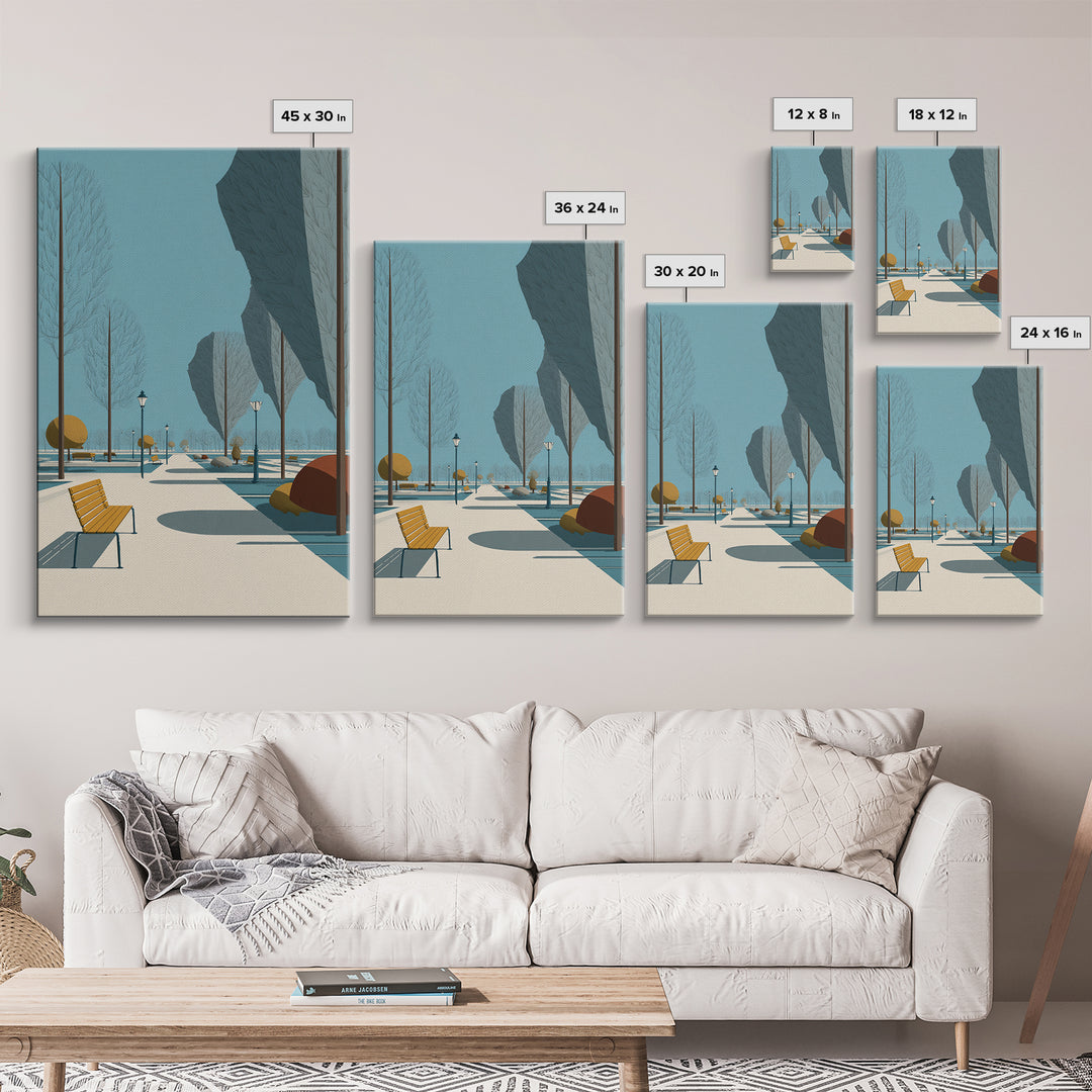Winter Park Avenue With Yellow Bench Wall Art, Mid Century Modern Landscape Print, Scandinavian Modern Office Decor Poster