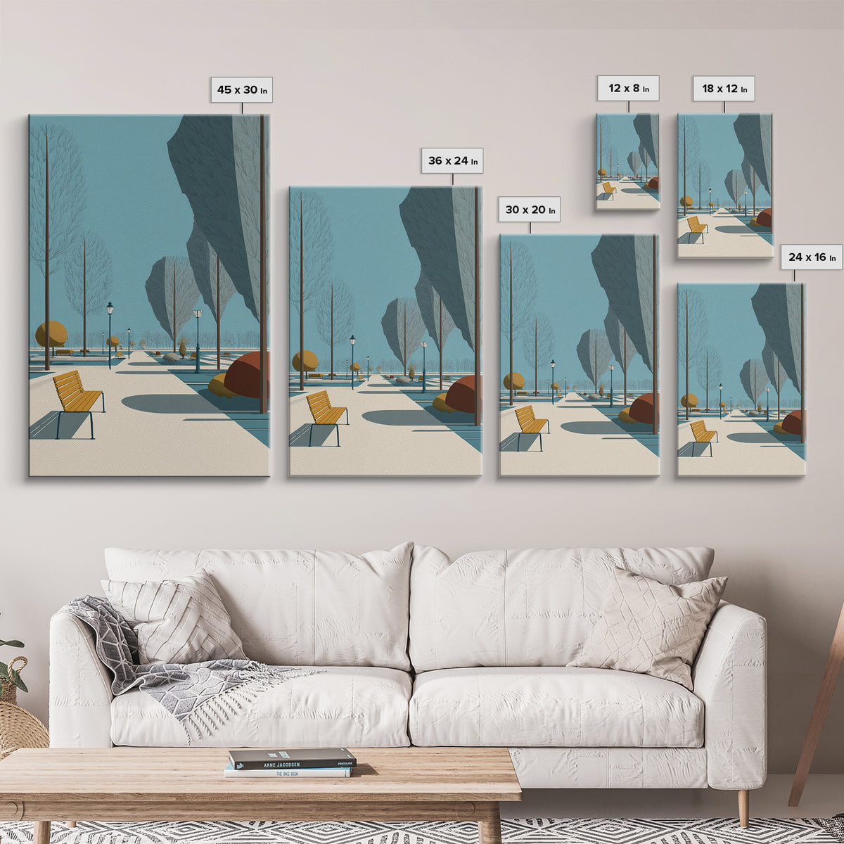 Winter Park Avenue With Yellow Bench Wall Art, Mid Century Modern Landscape Print, Scandinavian Modern Office Decor Poster