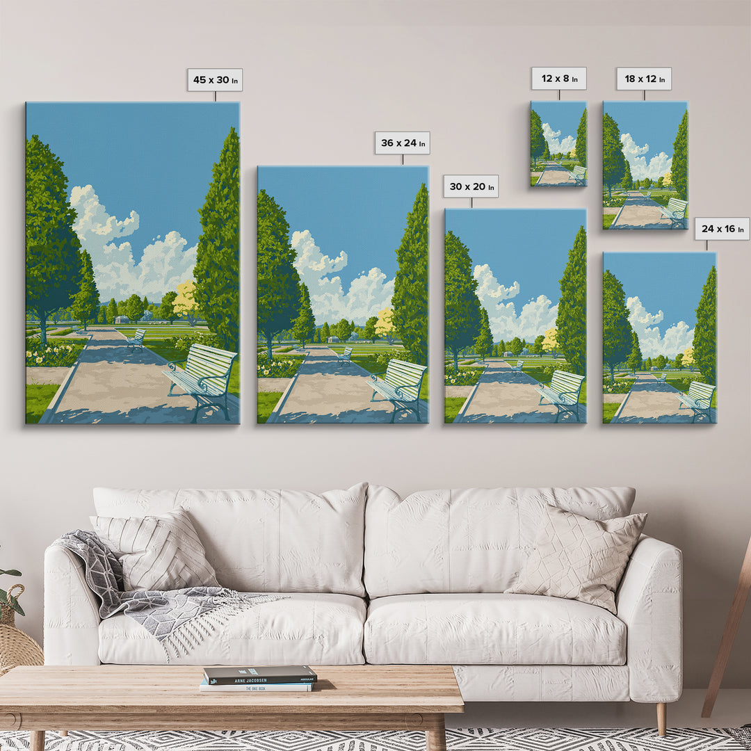 Green Formal Garden Walkway Framed Canvas Print, Mid Century Modern Nature Art, Bright Park Landscape Wall Decor For Home Office