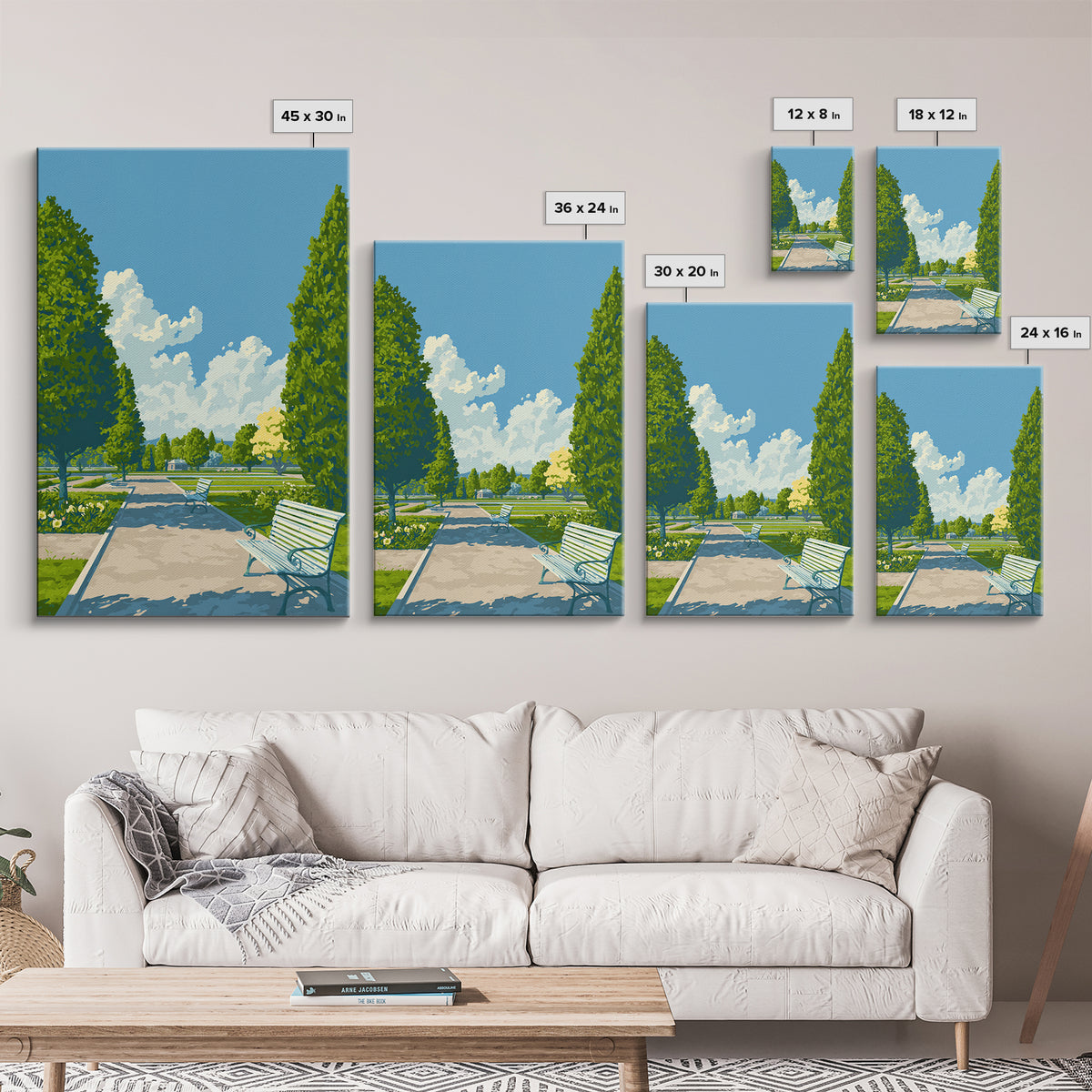 Green Formal Garden Walkway Framed Canvas Print, Mid Century Modern Nature Art, Bright Park Landscape Wall Decor For Home Office
