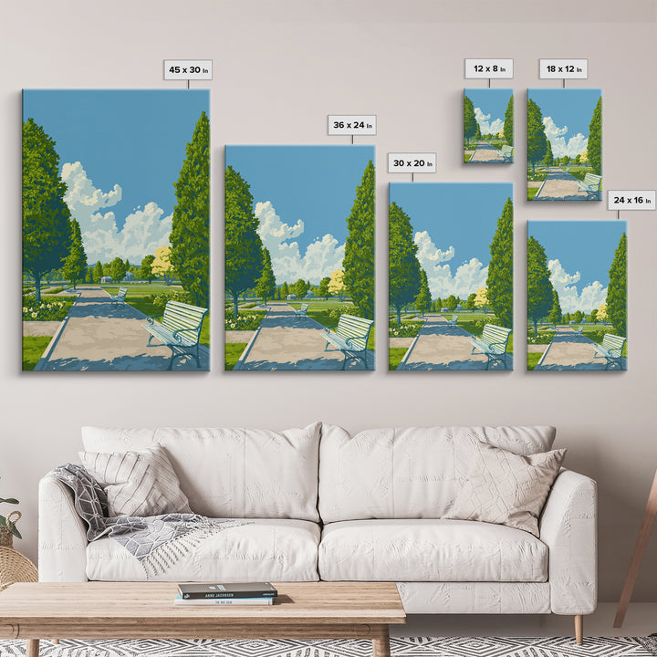 Green Formal Garden Walkway Framed Canvas Print, Mid Century Modern Nature Art, Bright Park Landscape Wall Decor For Home Office