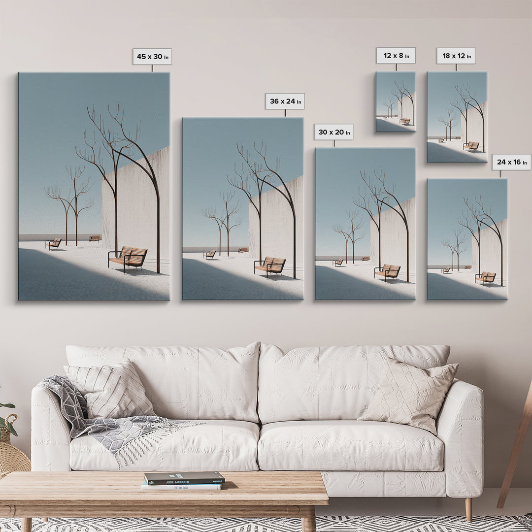 Minimal White Courtyard Benches Wall Art, Mid Century Modern Architectural Print, Scandinavian Modern Minimalist Decor Poster