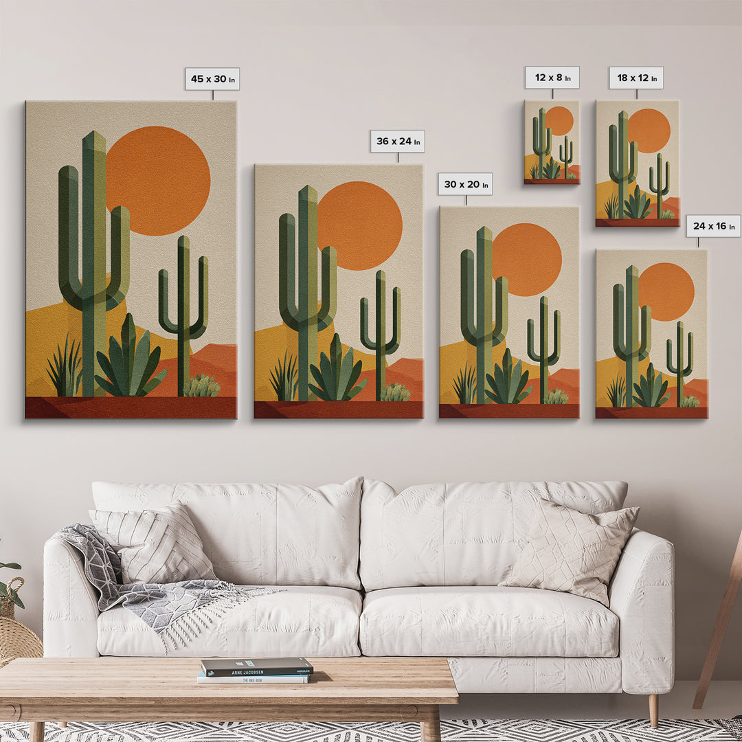 Tall Saguaro Cactus Orange Sun Wall Art, Mid Century Modern Desert Print, Southwestern Decor, Retro Botanical Poster For Home