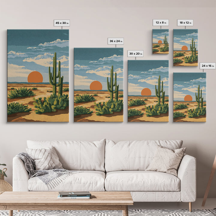 Textured Desert Cactus Sunset Canvas Print, Mid Century Modern Art, Southwestern Landscape Poster, Warm Earth Tone Decor