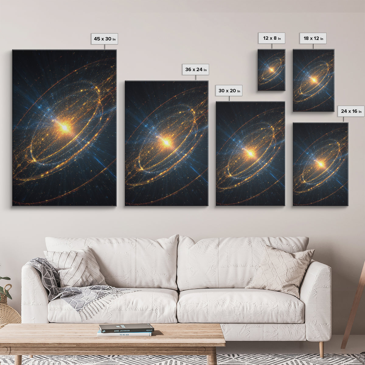 Radiant Starburst Galaxy With Golden Orbital Rings Wall Art, Cosmic Space Poster, Modern Abstract Art, Sci Fi Home Decor