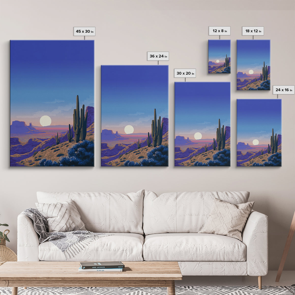 Blue Canyon Desert Moon Wall Art, Mid Century Modern Landscape Print, Cactus Travel Poster, Southwestern Home Decor For Living Room