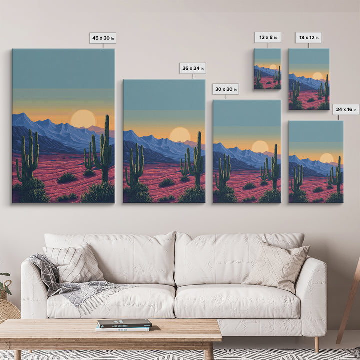 Saguaro Desert Mountains At Sunset Wall Art, Mid Century Modern Southwest Landscape, Retro Travel Poster, Colorful Home Decor