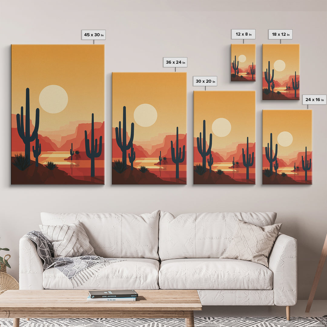 Canyon River Saguaro Sunset Canvas Print, Mid Century Modern Desert Poster, Southwestern Decor, Orange Living Room Wall Art