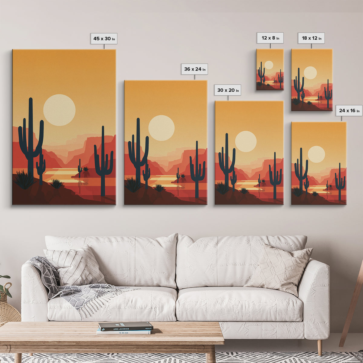 Canyon River Saguaro Sunset Canvas Print, Mid Century Modern Desert Poster, Southwestern Decor, Orange Living Room Wall Art