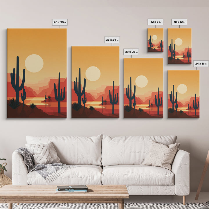 Canyon River Saguaro Sunset Canvas Print, Mid Century Modern Desert Poster, Southwestern Decor, Orange Living Room Wall Art
