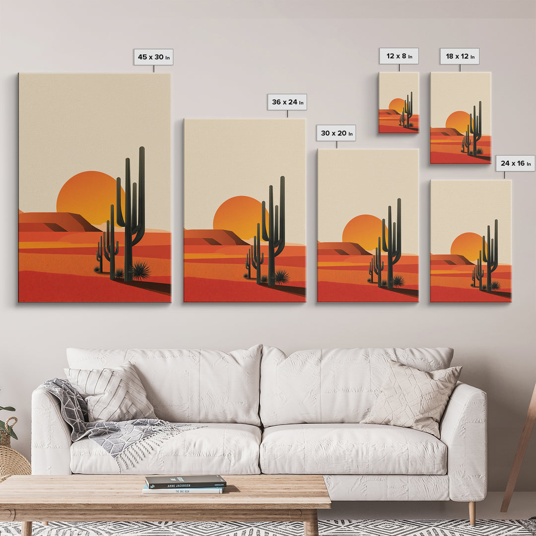 Orange Desert Sun With Tall Cactus Framed Canvas Print, Mid Century Modern Art, Minimal Southwest Decor, Warm Retro Poster